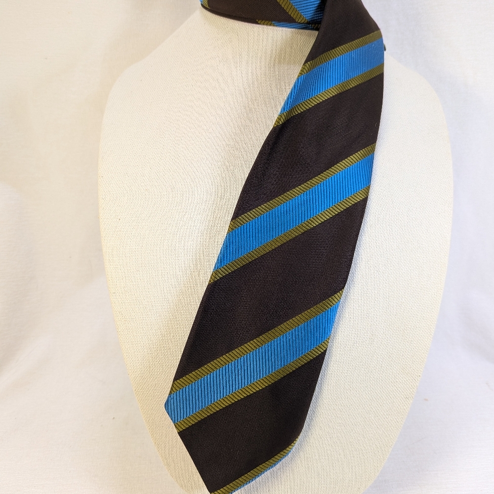 Schiaparelli Vintage Brown Men's Tie with Blue and Gold Stripes
